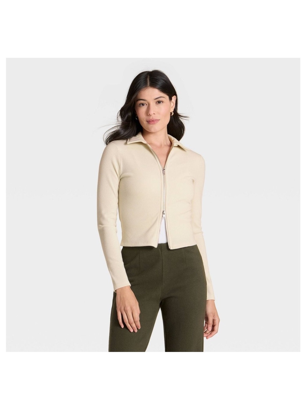 a new day Cream Zip-Up Ribbed Collar Cardigan